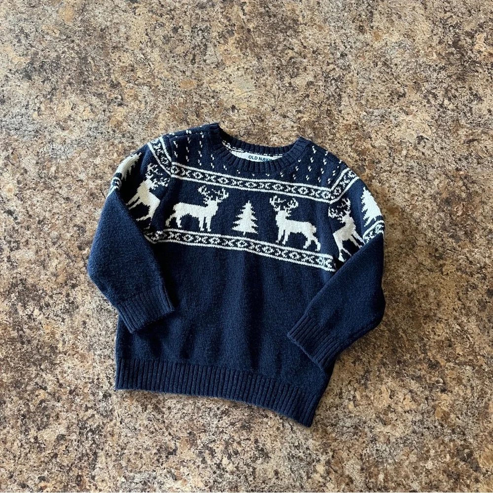 Old Navy 2T Fair Isle Reindeer Christmas Holiday Cozy Sweater Navy Blue White